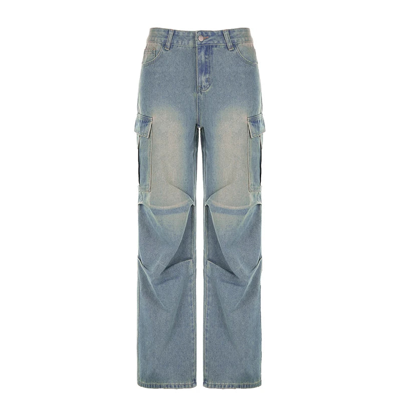 LIZAKOSHT  -  American Style Pleated Washed Parachute Jeans Women's High Waisted Loose Wide Leg Large Pocket Workwear Pants