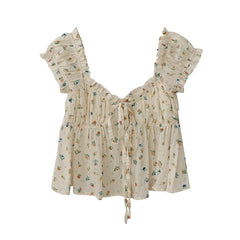 LIZAKOSHT  -  Women's New Style Japanese Sweet Floral Print Lace-up Sleeveless Shirt Vest Top Hot Girl Square Collar Exposed Collarbone Vests