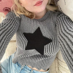 LIZAKOSHT  -  Autumn Fashion Star Patchwork Cropped Sweater Y2k Aesthetics Slim Tops Vintage Pullover Harajuku All Match Knitted Jumpers
