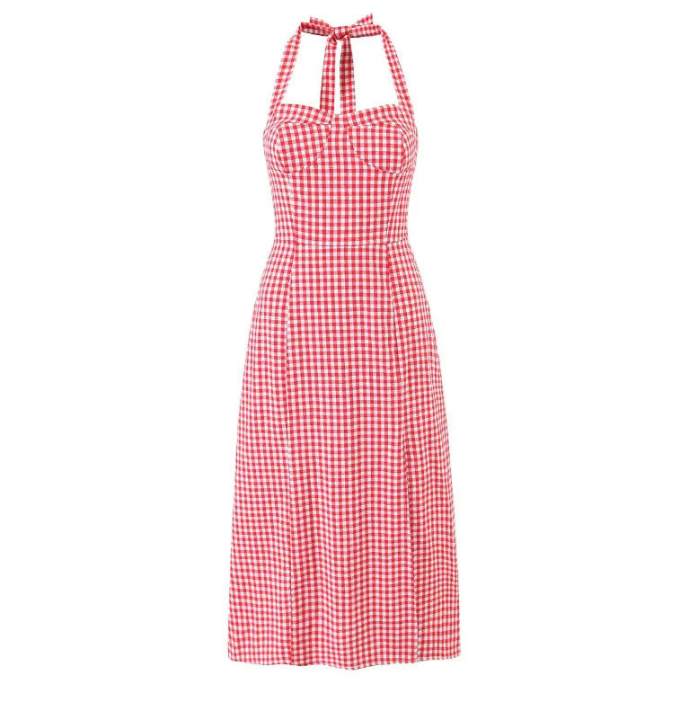 LIZAKOSHT  -  Women Sleeveless Side Slit Back Smocking  Halter Neck Tala Linen Dress Tomato Check