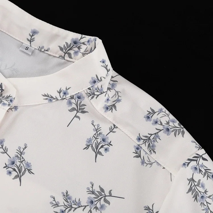 LIZAKOSHT  -  2025 French Style 2pcs Set Puff Sleeve Blouse & Printed Shorts High Neck Ruffle Trim Elegant Coords for Spring Summer