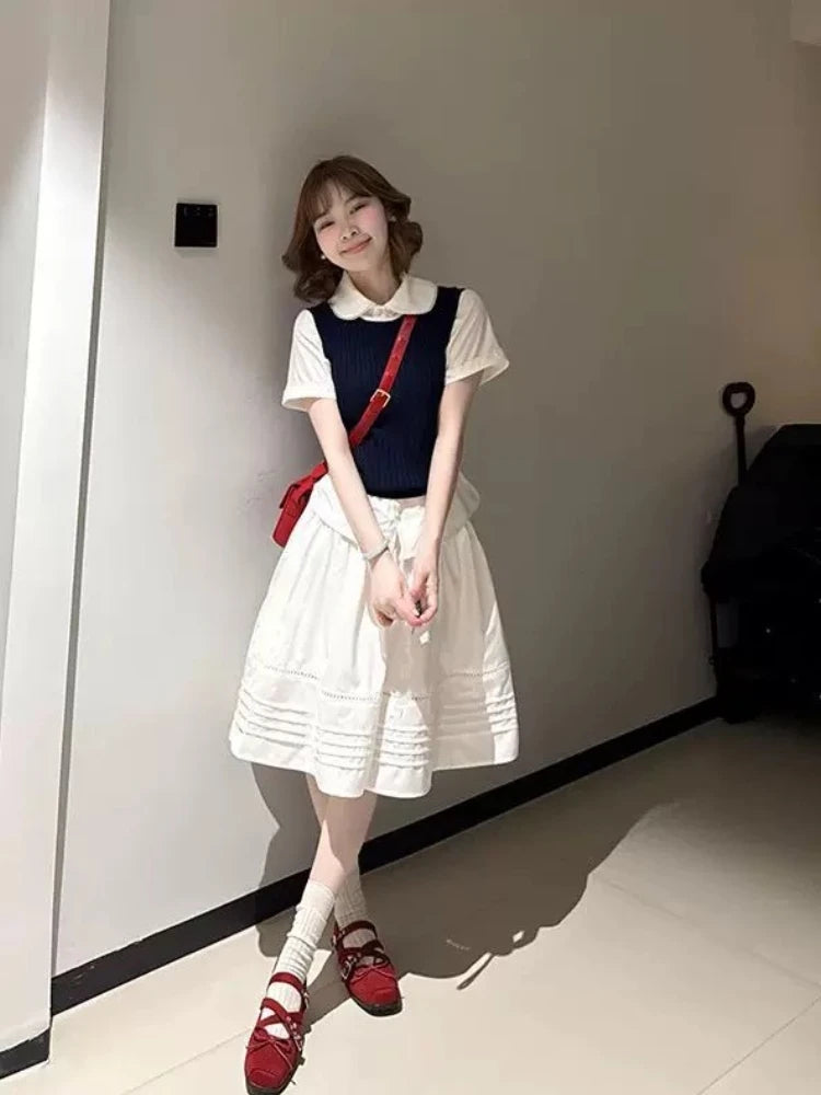 LIZAKOSHT  -  Korea Chic Patchwork 3-piece Set Women White Shirt + solid Vest + Short Skirt Suit Women Babydoll Collar Short-sleeved Set