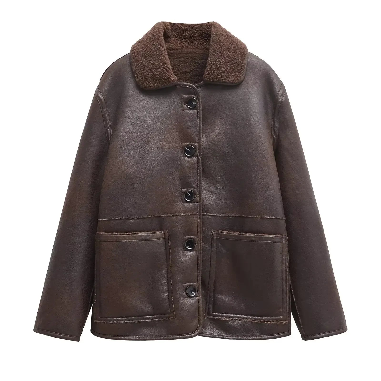 LIZAKOSHT  -  Casual Lamb Wool Splicing Leather Jacket Women Lapel Single Breasted Loose Pocket Thickened Coat Lady Winter Daily Commute Coats