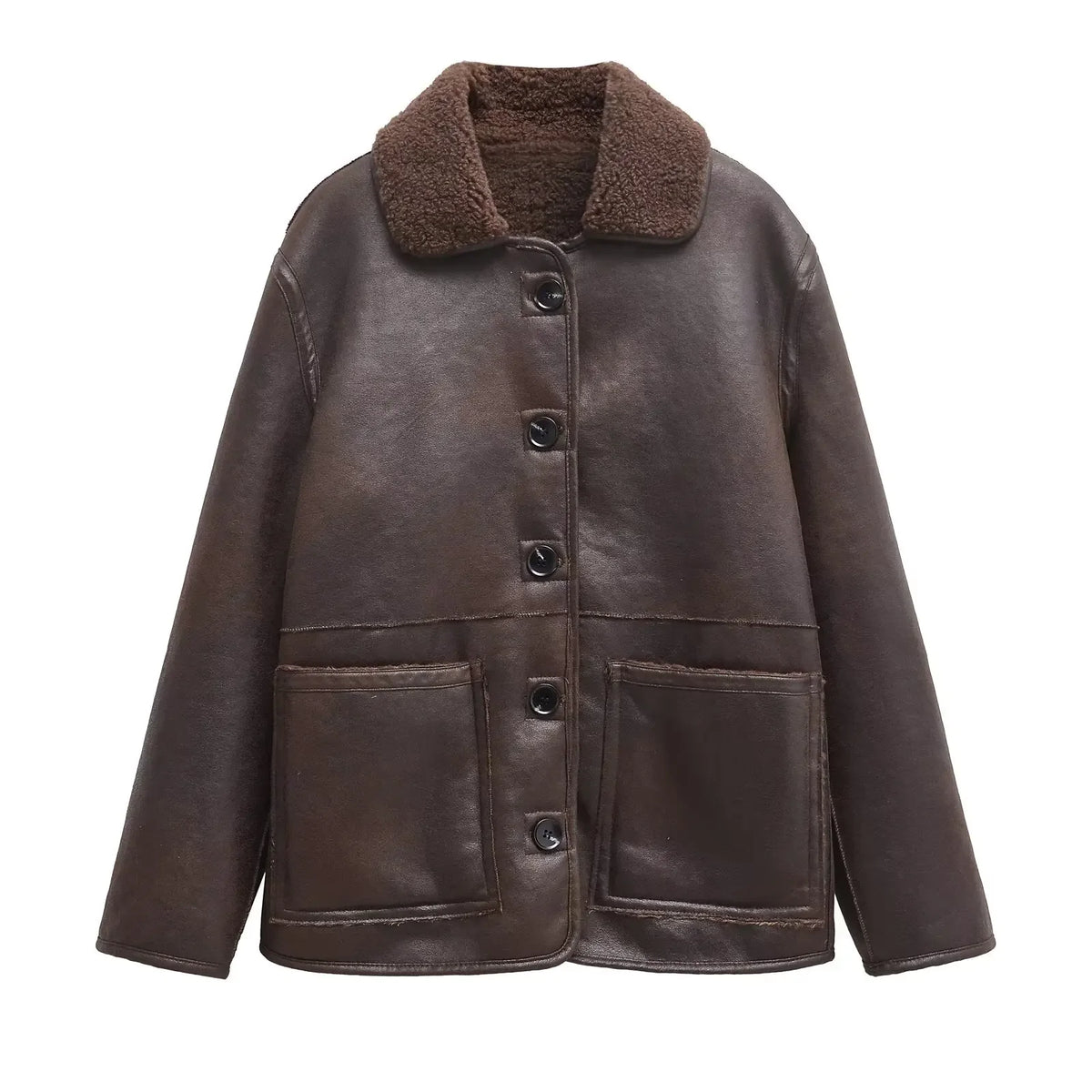 LIZAKOSHT  -  Casual Lamb Wool Splicing Leather Jacket Women Lapel Single Breasted Loose Pocket Thickened Coat Lady Winter Daily Commute Coats