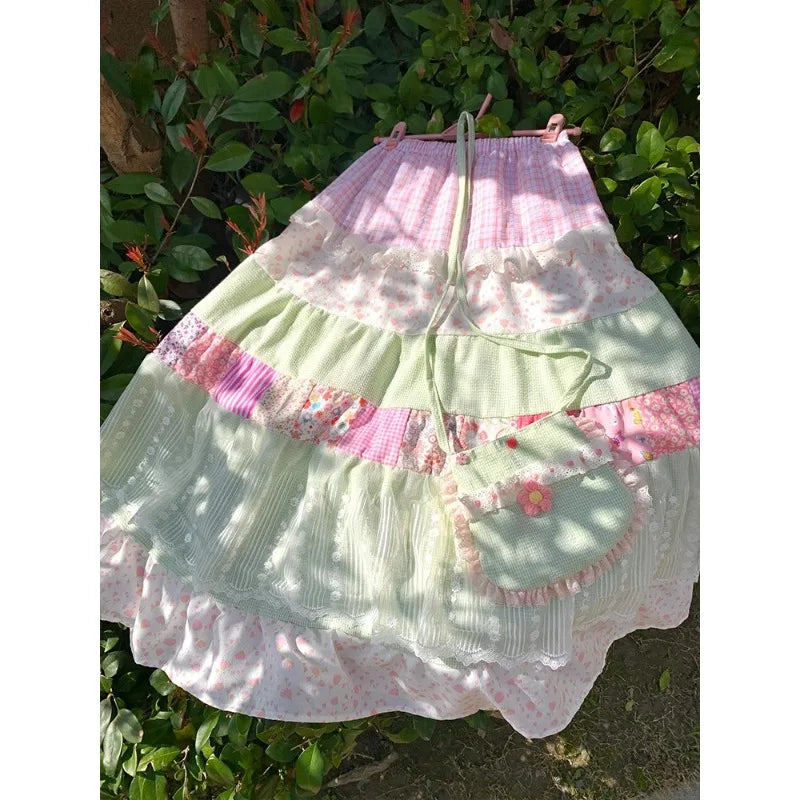 LIZAKOSHT  -  Japanese Vintage Patchwork Lace Floral Skirt Female Summer 2024 New Sweet Women Skirts Spring Loose Seaside Holiday Chic Skirts