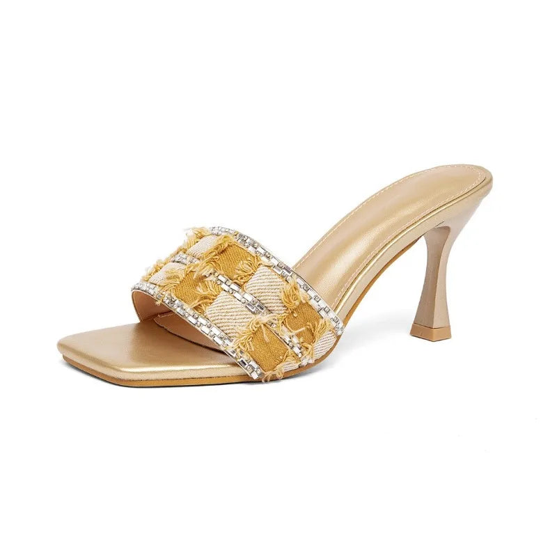 LIZAKOSHT  -  Gold Rhinestone Fashion Slippers Women Open Toe Comfort Slides Female Casual Pretty Heels Sandals for Women Sandalias De Mujer