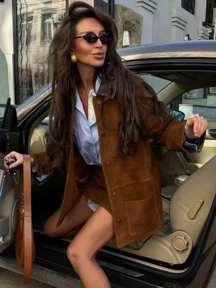 LIZAKOSHT  -  Women Brown Suede Short Jacket Leather Lapel Pockets Single Breasted Outerwear 2025 New Autumn Fashion High Street Lady Jackets