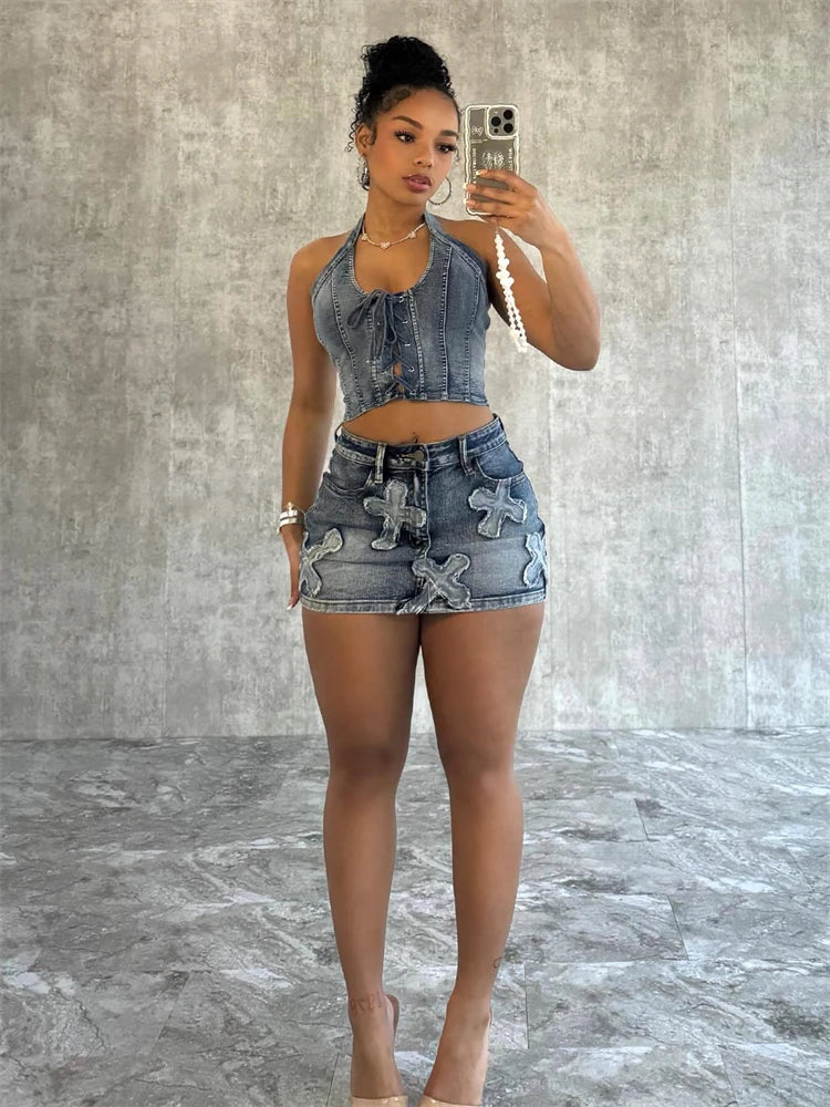 LIZAKOSHT  -  Summer Sexy Blue Denim 2 Two Piece Skirt Sets Club Party For Women 2024 Sleeveless Bodycon Crop Top Fashion Skirts Sets
