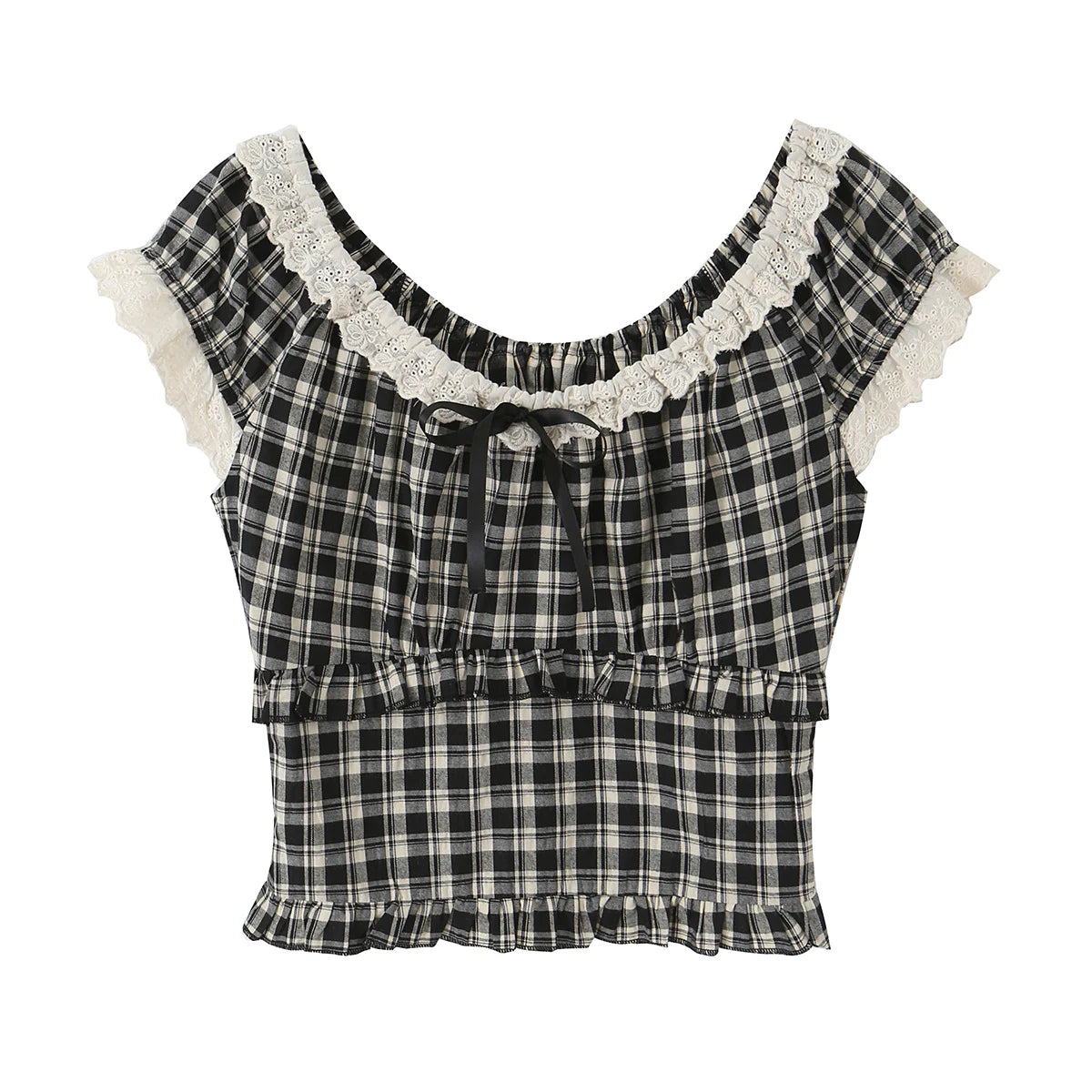 LIZAKOSHT  -  Summer Women Plaid Spliced Lace Bow O Collar Elastic Strap Tank Top Slim Corset Wood ears Slim Waist Elastic Back Crop Vest