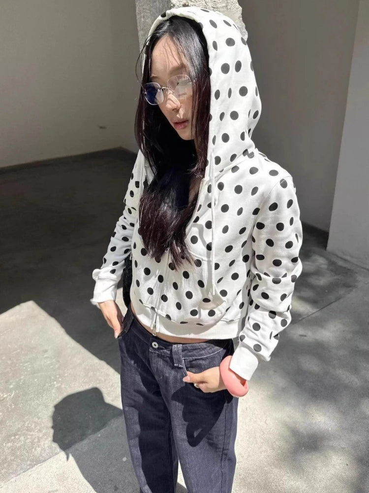 LIZAKOSHT  -  Autumn Vintage Polka Dot Casual Drawstring Hoodie Harajuku Harajuku Grunge Loose Sweatshirts Women Y2k Aesthetic Zipper Hoody