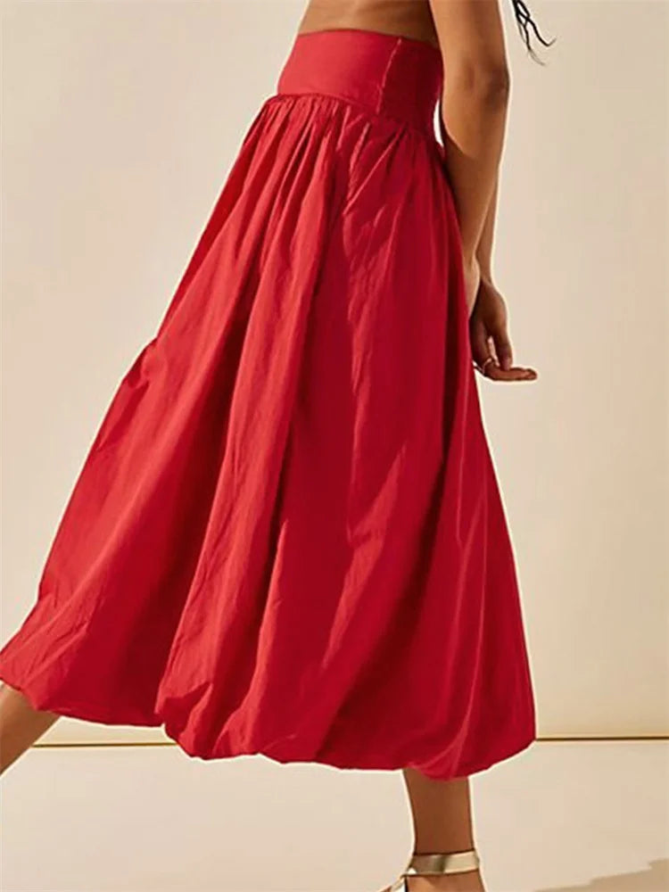 LIZAKOSHT  -  Women Long Maxi Skirts Casual Loose Fit Elastic Waist Solid Color Ruched Pleated Skirts for Summer Spring Streetwear