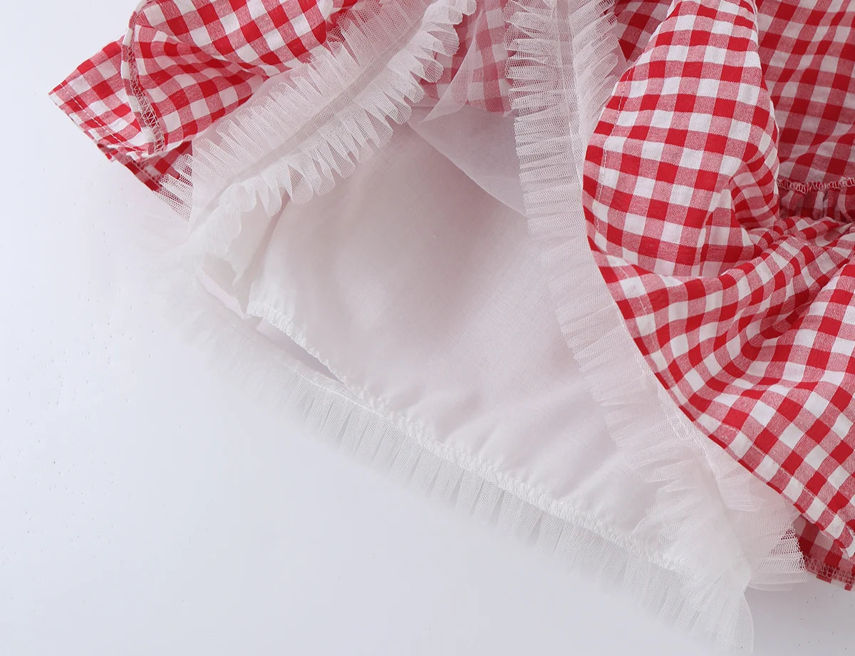 LIZAKOSHT  -  Sexy Red Plaid Spliced Lace Bow Ruched Chest Tank Top + High Waist Wood ears Mesh Lining Swing Cake Mini Skirt Suits 2pcs 1 Set