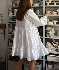 LIZAKOSHT  -  Spring/Summer New Bubble Sleeves Flip Collar Shirt Dress Women's Ruffle Edge Loose Fashion Casual A-line Dresses
