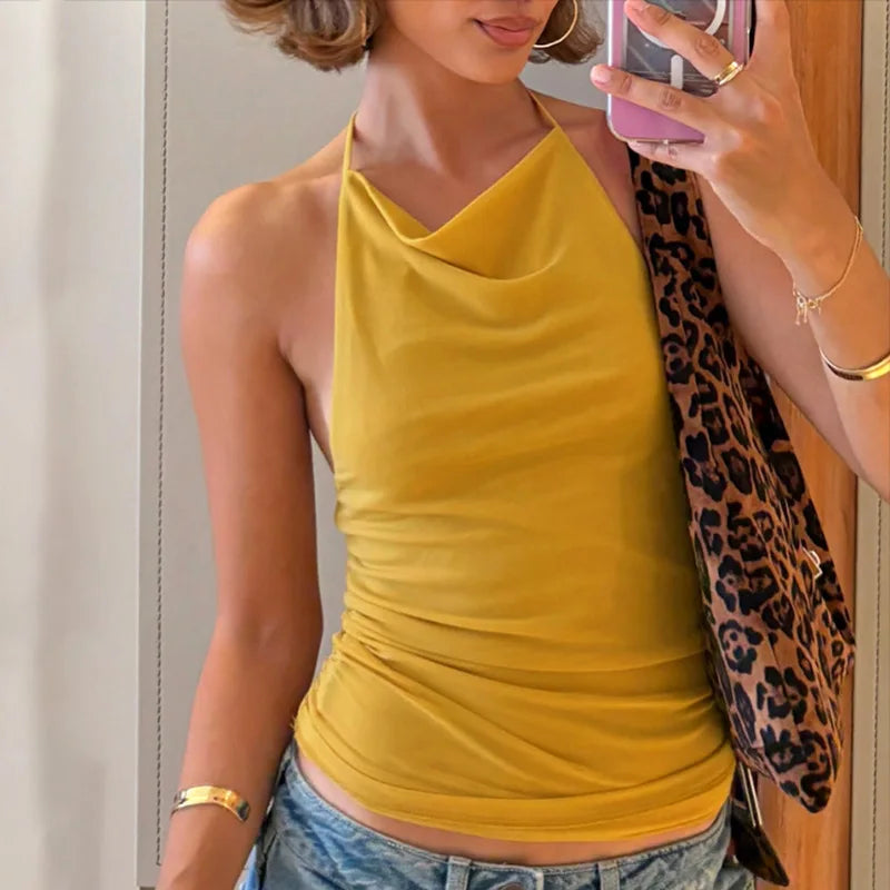 LIZAKOSHT  -  European and American hot girls women's spring summer new solid color sexy backless mesh halterneck top women's 2025