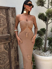 LIZAKOSHT  -  Knitted Halter Hollow Out Long Dress Women Backless Sleeveless Tassels Vacation Long Dresses Beach Solid Street Summer Robe
