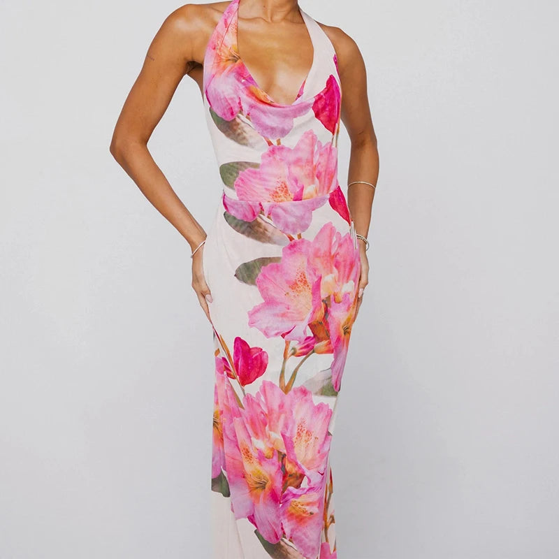 LIZAKOSHT  -  Fashion Hight Waist Lace-Up Wrap Hip Dress Sexy Halter Sleeveless Bohe Party Dress Women's Elegant Pattern Print Slim Long Dress