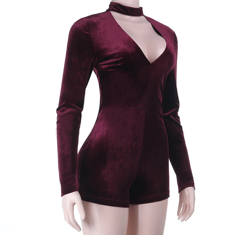 LIZAKOSHT  -  Sexy Wine Red Velvet Low-cut Neck Long Sleeve Skinny Zipper Package Hip Playsuit Fashion Club Street Outfit Jumpsuit Shorts