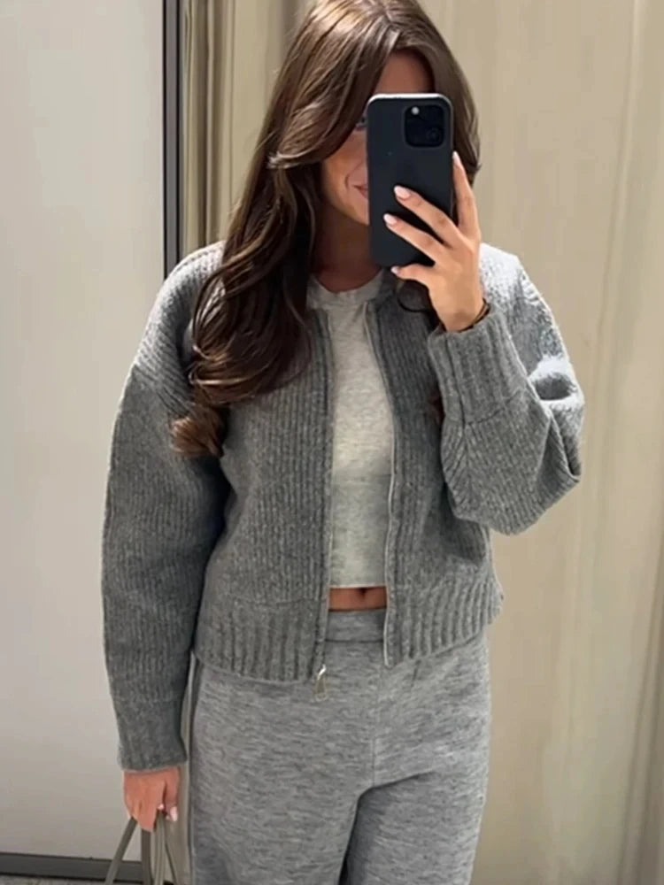 LIZAKOSHT  -  Fashion Gray Zipper Knitted Sweater For Women 2024 Spring Autumn Long Sleeve Knit Bomber Jacket Female Street Warm Lady Chic Top