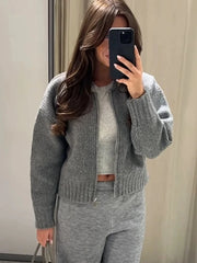 LIZAKOSHT  -  Fashion Gray Zipper Knitted Sweater For Women 2024 Spring Autumn Long Sleeve Knit Bomber Jacket Female Street Warm Lady Chic Top