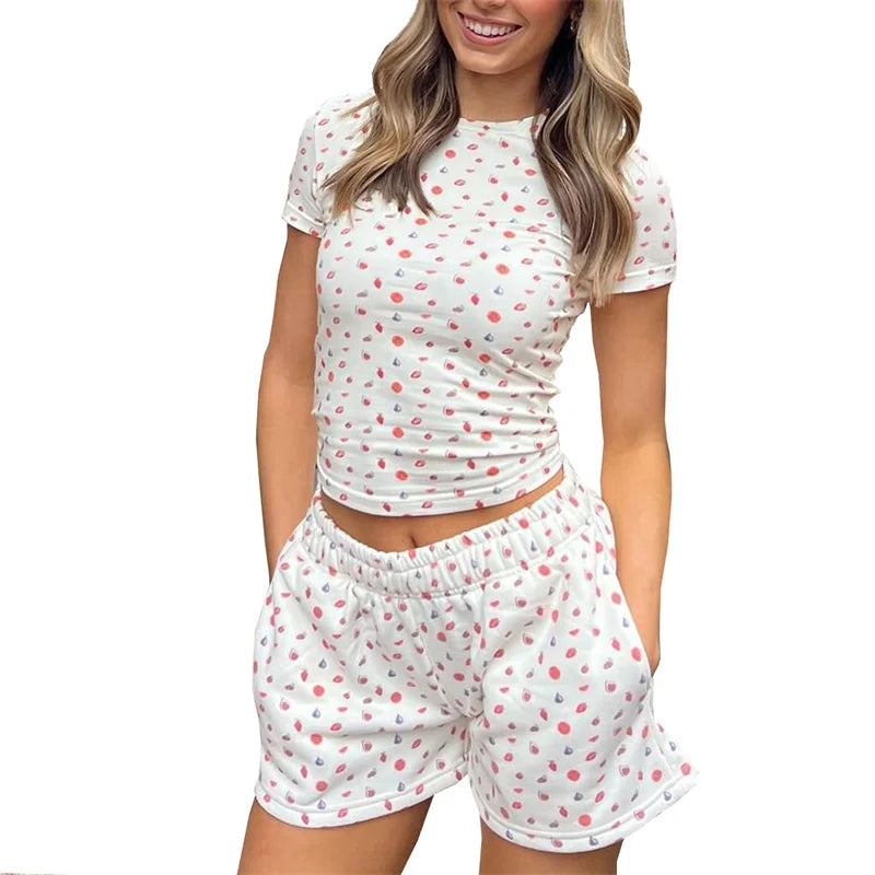 LIZAKOSHT  -  Lounge Outfit Set Women Coquette Clothing Floral Print Short Sleeve T-Shirt Shorts with Pockets 2 Piece Set Clothes