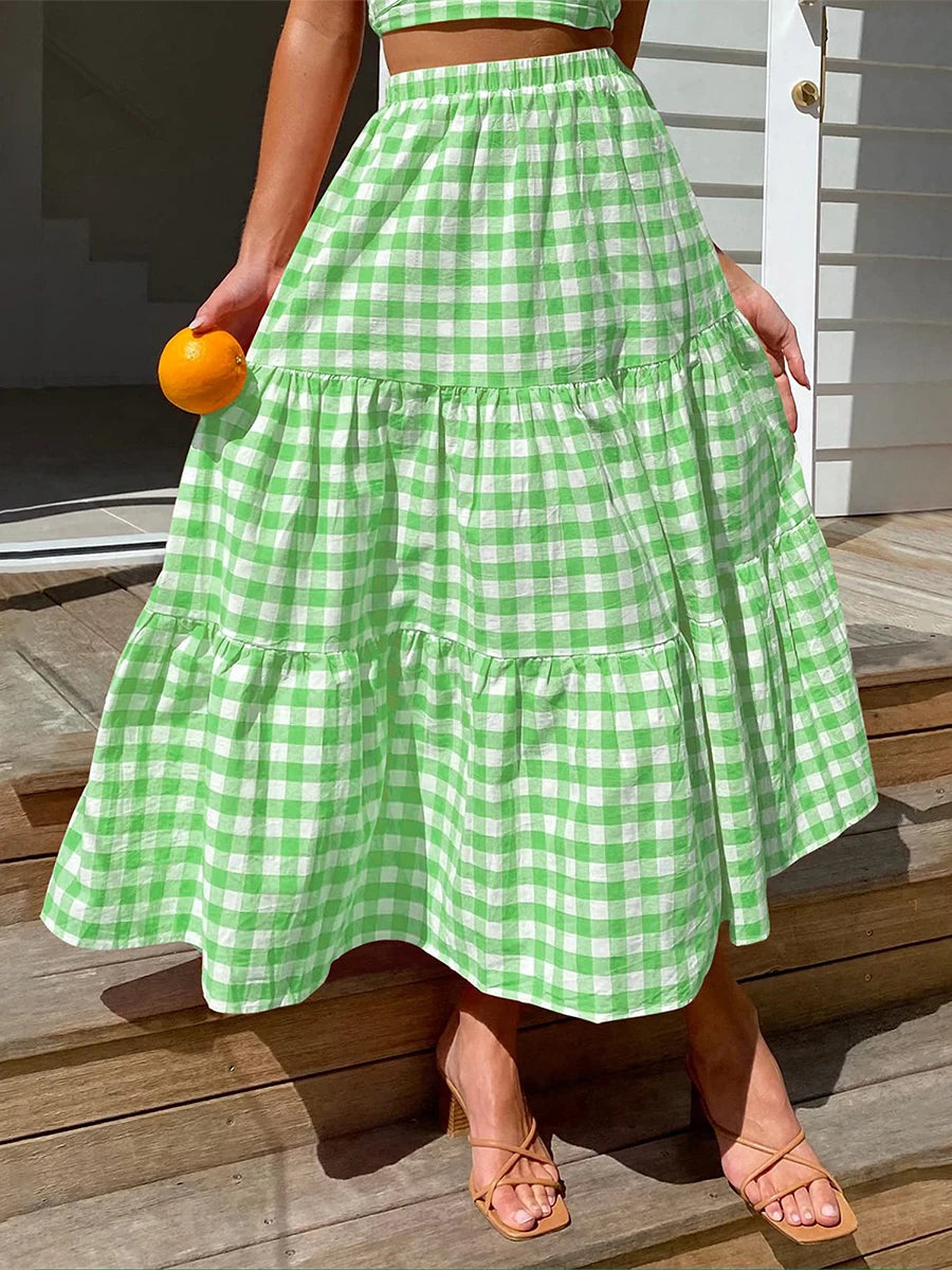 LIZAKOSHT  -  Maxi Gingham Skirt Vintage Tiered Ruff Patchwork Plaid Long Skirt Women Japanese Grunge Fairyore High Waist A-line Swing Skirts