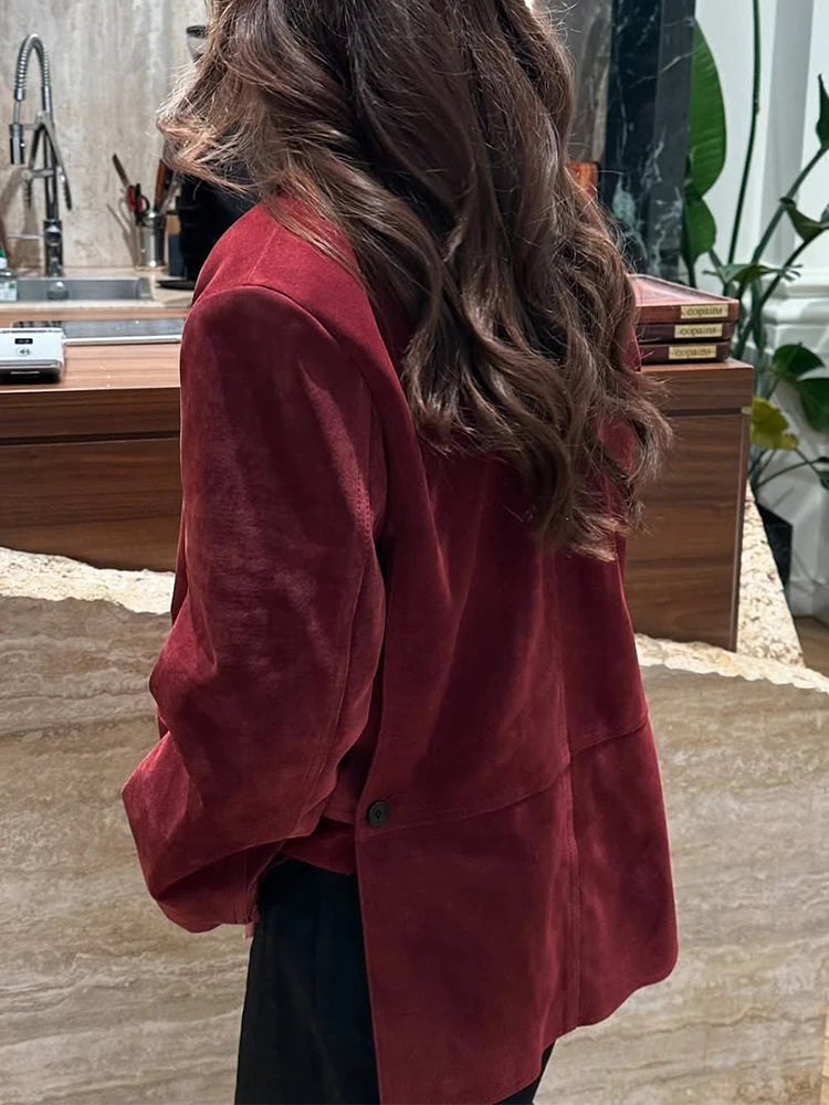 LIZAKOSHT  -  Wine Red Lapel Blazer Women Single Breasted Patchwork Long Sleeve Jackets New Elegant Chic Street Casual Commute Jacket 2025