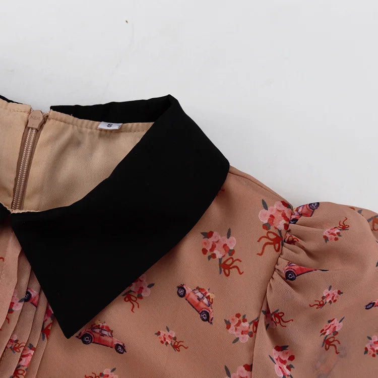 LIZAKOSHT  -  Fashion Printing Contrast Mini Dress For Women Turndown Collar High Waist Pleats Shirt Sleeve Patchwork Women's Mini Dress