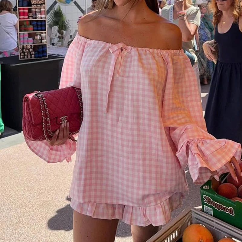 LIZAKOSHT  -  Vintage Plaid Pajama Set Elegant Lady Off Shoulder Tops + Ruffle Shorts Women 2 Piece Lounge Outfit Loose Sleepwear