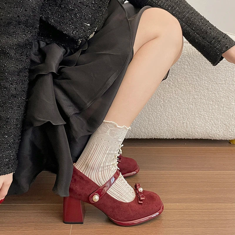 LIZAKOSHT  -  Designer Square Toe Women Lolita Mary Jane Shoes New Spring Ladies Elegant Butterfly-knot Thick Heel Wedding Party Pumps