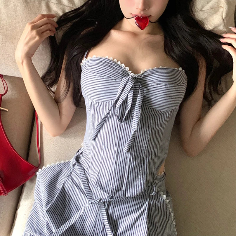 LIZAKOSHT  -  Summer New Korean Lace-up Pleated Sexy Slim Camisole Women + Contrast Color Striped Loose Wide Leg Pants Two-piece Suit