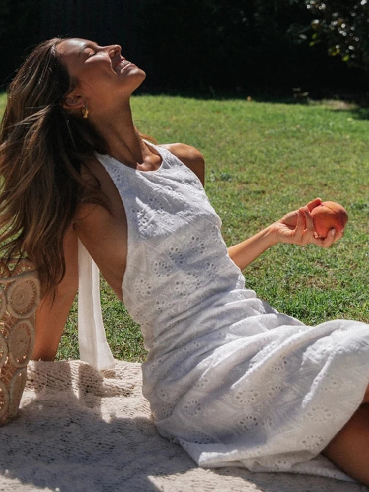 LIZAKOSHT  -  Hollow Out White Long Dress Women Neck-Mounted Backless Dress Female Sexy Sleeveless Lace Up Dress Ladies Summer Beach Dress