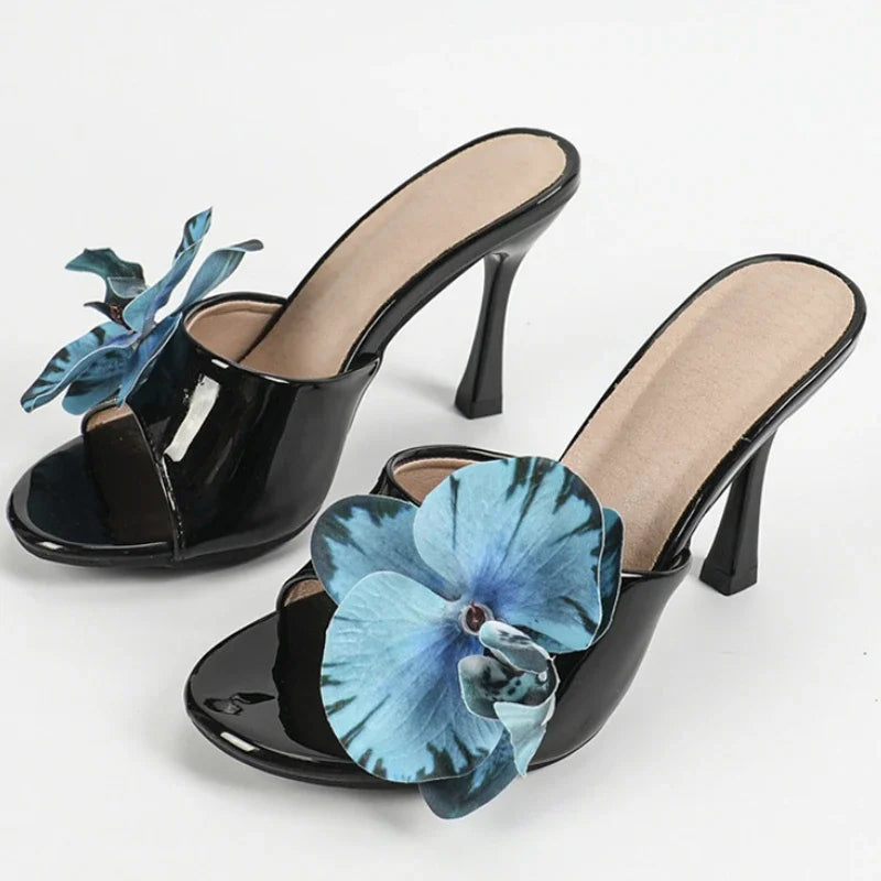 LIZAKOSHT  -  Fashion Flower Slippers Women Up Size 42 43 Designer High Heels Sandals Female Patent Leather Open Toe Slides Sandalias De Mujer
