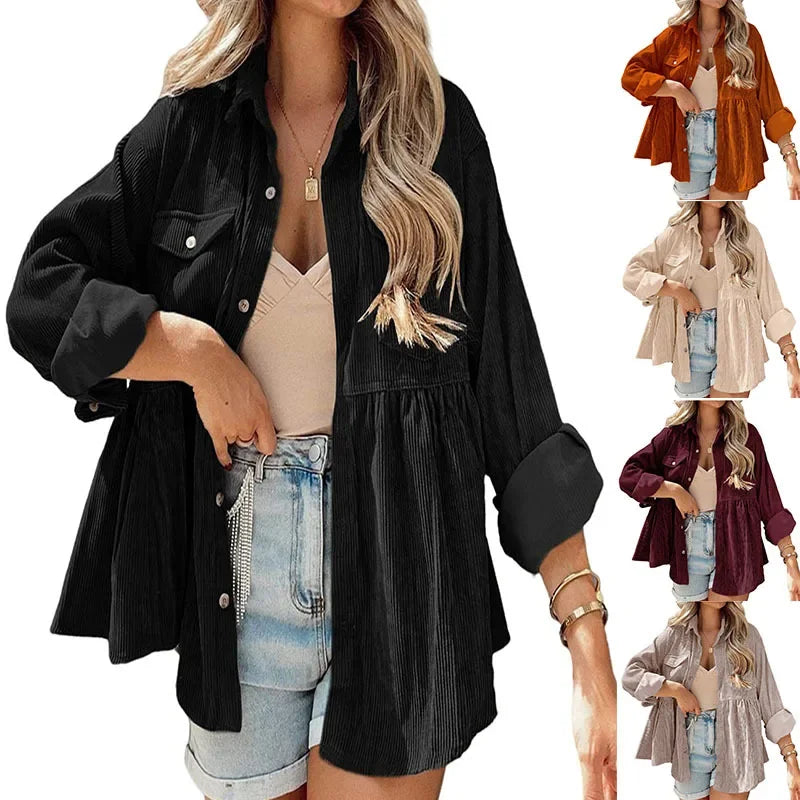 LIZAKOSHT  -  Autumn Long Sleeve Office Corduroy Shirt Fashion Pleated Pocket Tops Casual Solid Color Button Blouse Blusas Mujer De Moda 29693