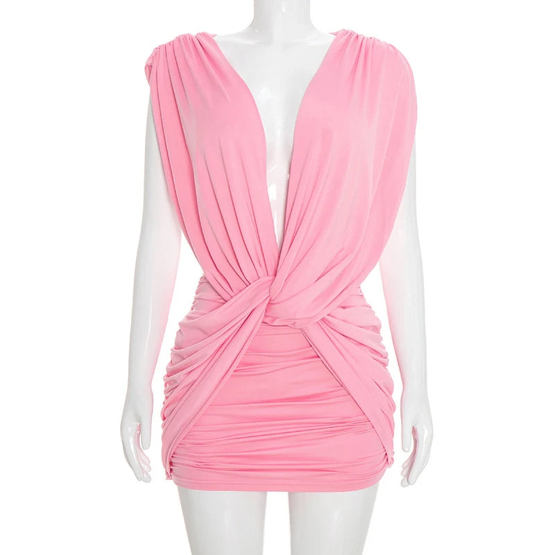 LIZAKOSHT  -  Elegant Pleate Fit Sleeveless Mini Dress Sexy Deep V-Neck Cross Knot Club Party Dress Casual Solid Off Waist Hug Hig Short Dress
