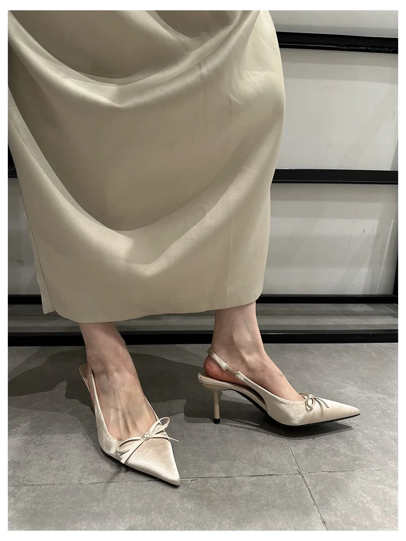 LIZAKOSHT  -  Women Thin Heels Slingback Sandals Elegant Pointed Toe Pumps New Brand Designer Bow Knot Party Dress Wedding Shoes Footwear