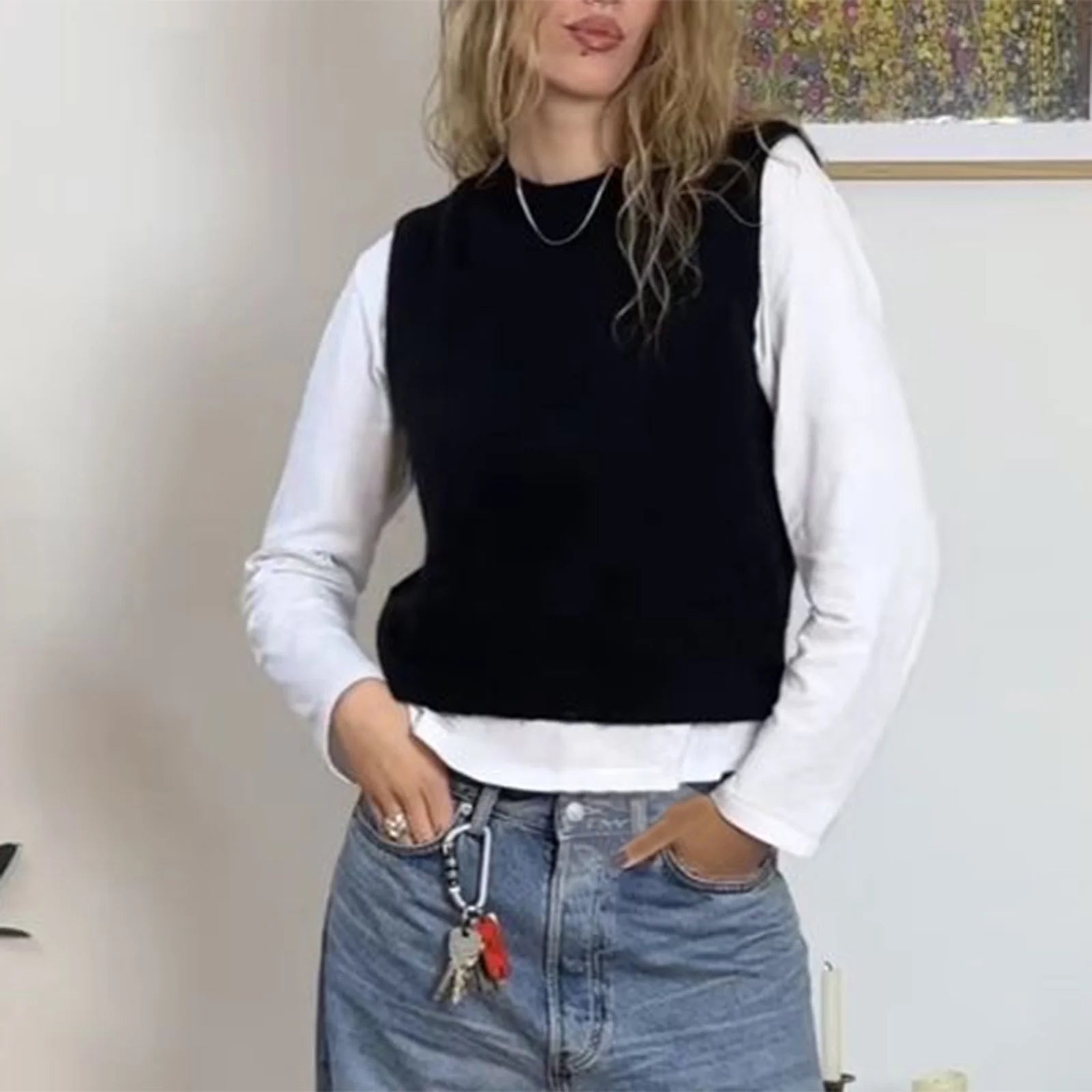 LIZAKOSHT  -  Y2K Fairy Women Cute Sweater Vest Basic Solid Color Warm Knit Tank Tops Sleeveless Pullover Knitwear for Spring Streetwear