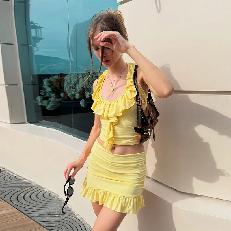 LIZAKOSHT  -  Yellow Layered Ruffles Skirt Set Women's Sexy Slim Fit Floral Edge Backless Halter Top Set 2025 Summer Vacation Street Outfit