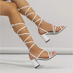 LIZAKOSHT  -  New Women's Square Toe Thin Strap Thick High Heel Cross Strap Sandals Women Shoes Platform Sandals