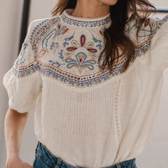 LIZAKOSHT  -  Bohemian Eyelet Lace Trim Short Sleeve Loose Top High Waist Summer Bohemian Beach Vacation Chic Linen-Blend Casual Outfit