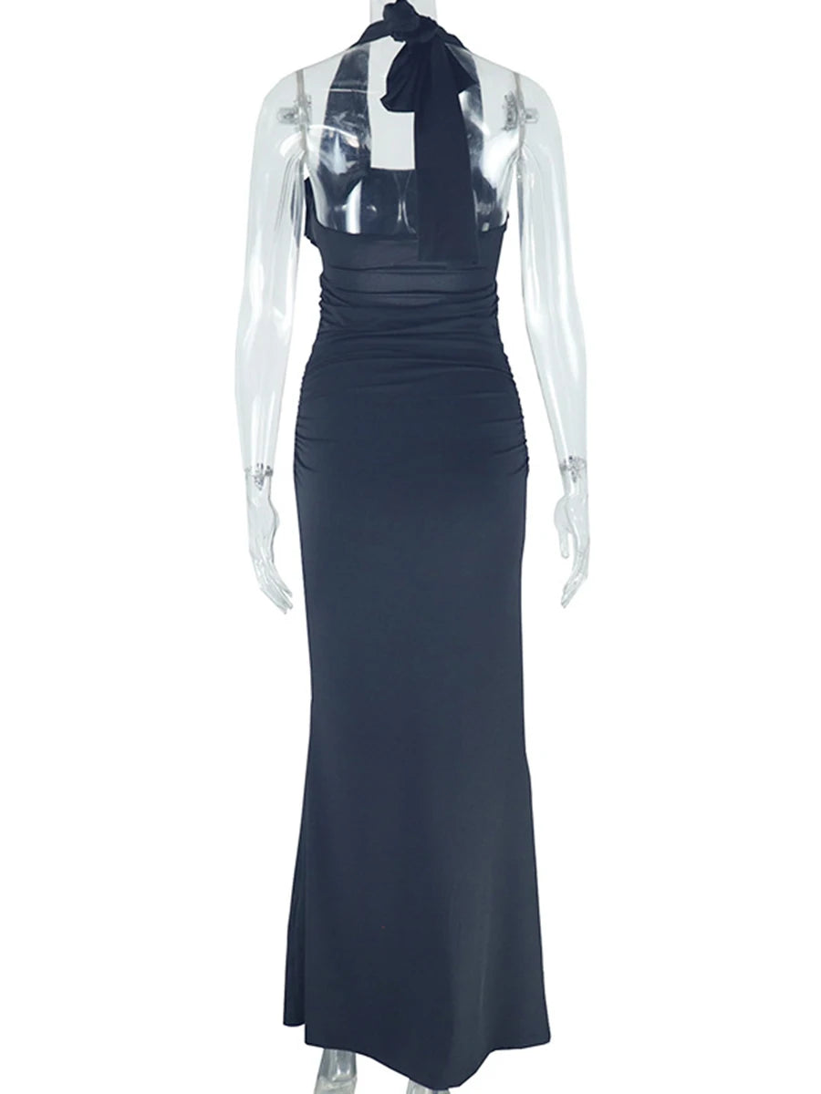LIZAKOSHT  -  Solid Spliced Appliques Slimming Backless Dresses for Women Halter Sleeveless High Waist Temperament Dress Female Fashion
