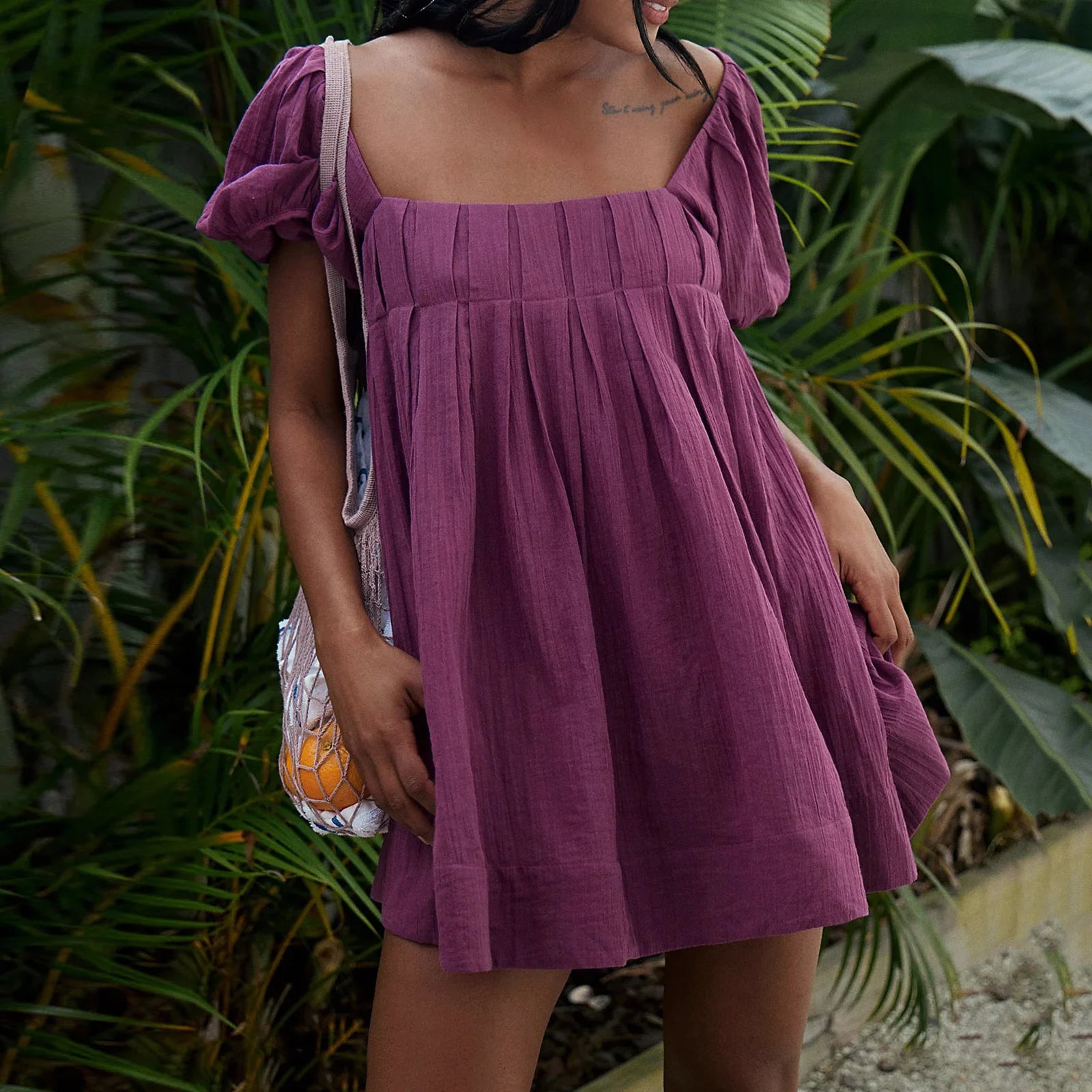 LIZAKOSHT  -  Women Y2k Puff Sleeve Babydoll Short Dress Square Neck Tie Back Mini Dress Flowy Solid Color Summer Vacation Dres