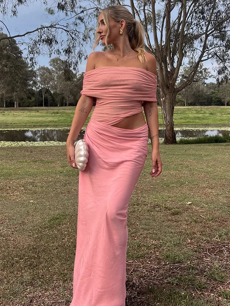 LIZAKOSHT  -  Elegant Sexy Long Dress Women Off Shoulder Hollow Out Sleeveless Patchwork Mesh Robe Female 2025 Spring Summer Chic Solid Robe