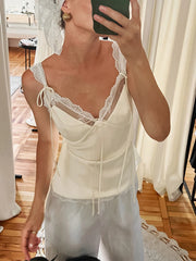 LIZAKOSHT  -  Women Tank Top Lace Trim Daily Layering V Neck Sleeveless Satin Cami Tops Bow Tie Spaghetti Strap Camisole V2k Vintage Clothes