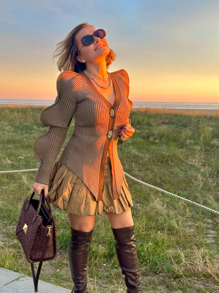 LIZAKOSHT  -  V-Neck Shoulder Pad Knit Jacket Woman Wavy Edge Sleeves Single Breasted Solid Color Slim Tops Versatile Causal Women's New Tops