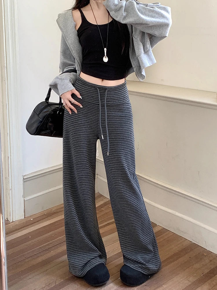 LIZAKOSHT  -  Harajuku Striped Women Pants Fall Winter Loose Casual Streetwear Wide Leg Trouser Female Retro Lace Up Straight High Waist Pants