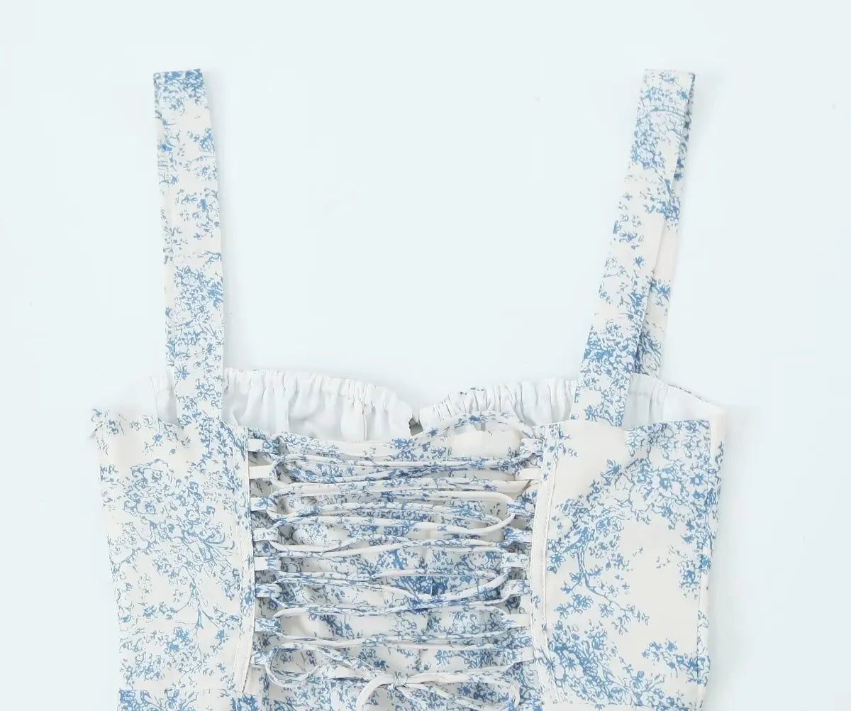 LIZAKOSHT  -  Floral Print Sling Short Dress For Women French Style Sexy Lace Up Bandage Back A-line Mini Dresses Summer 2025 New Holiday Robe