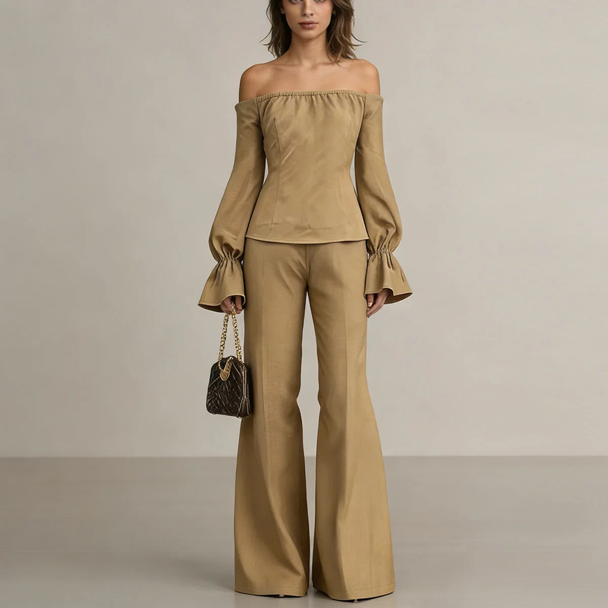 LIZAKOSHT  -  2026 New Bubble Sleeve Temperament Off-the-shoulder One-word Collar Fashion Women's Top Wide-leg Pants Two-piece Set