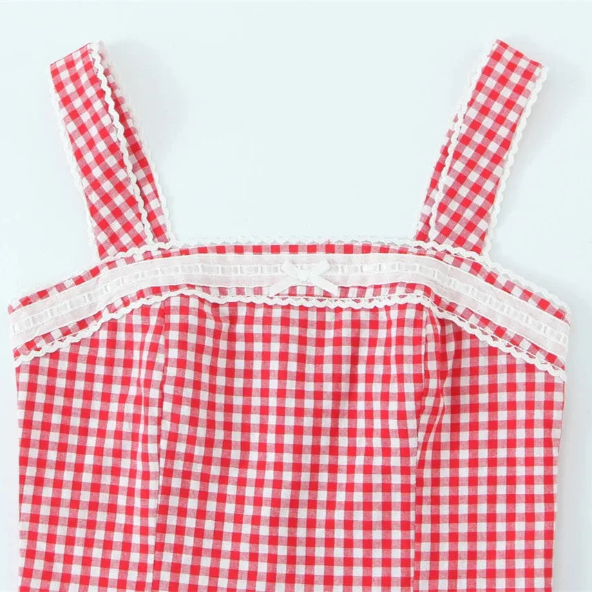 LIZAKOSHT  -  Women Strap Back Smocking Eloise Linen Top Tomato Check
