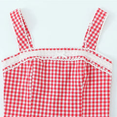 LIZAKOSHT  -  Women Strap Back Smocking Eloise Linen Top Tomato Check