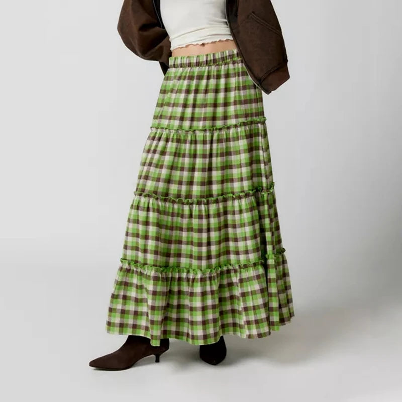 LIZAKOSHT  -  Y2k Women Gingham Tiered Maxi Skirts A Line Ruffle Plaid Midi Skirt Summer Beach Casual Loose Flowy Long Skirt